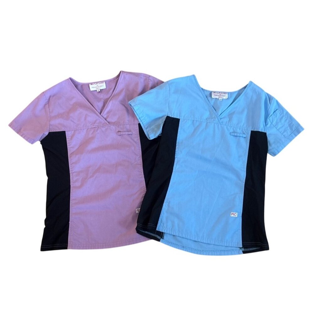 Silky Soft Scrub Tops by Professional Choice XS Lot of 2 V Neck Blue Mauve